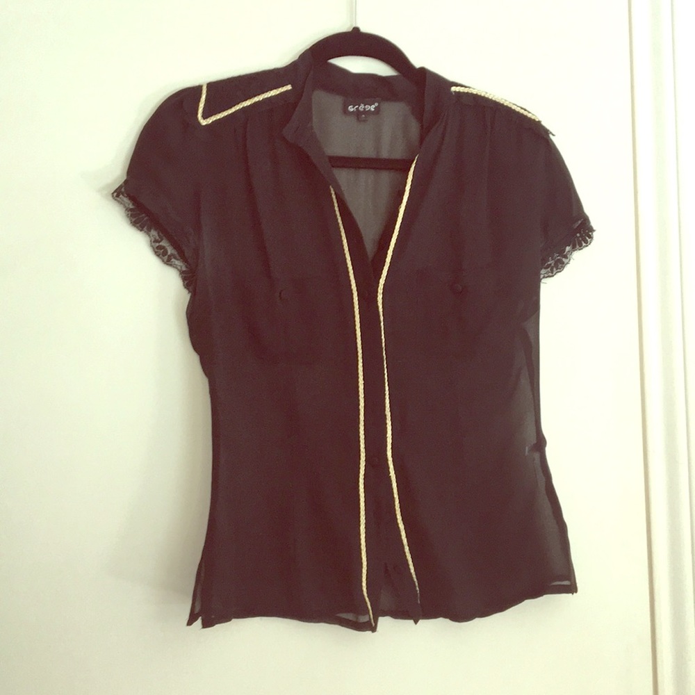 Black sheer button down with gold trim